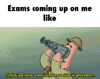 Spongebob and Patrick in a bunker in military gear. Patrick looks the wrong way through binoculars, saying "I think we have a few minutes before it gets here..." Spongebob fixes the binoculars' direction, and Patrick says "AHHH! He's right on top of us!" Text on top reads "Exams coming up on me like"