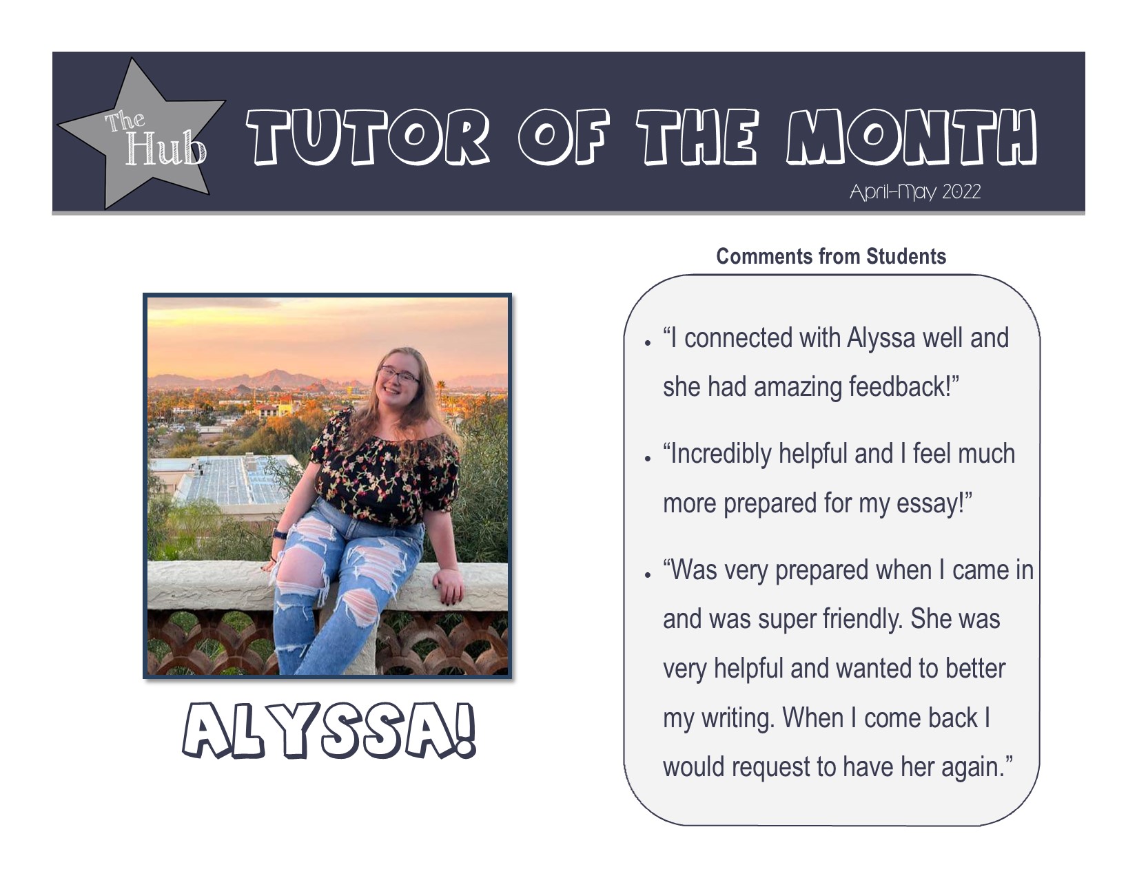 tutor of the month flyer for april to may 2022, alyssa